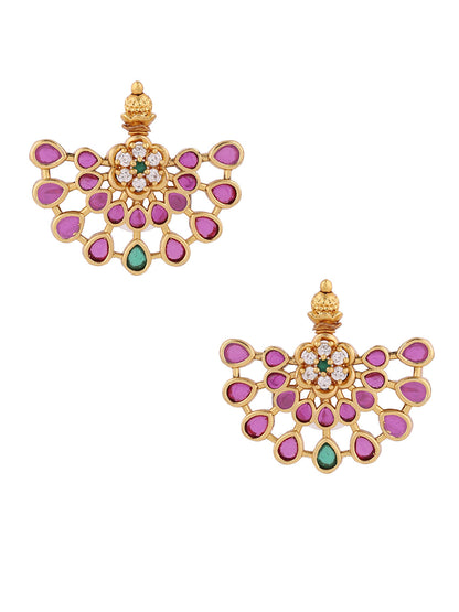 Ruby Elegance Floral Gold Plated Stud Pattern Earrings