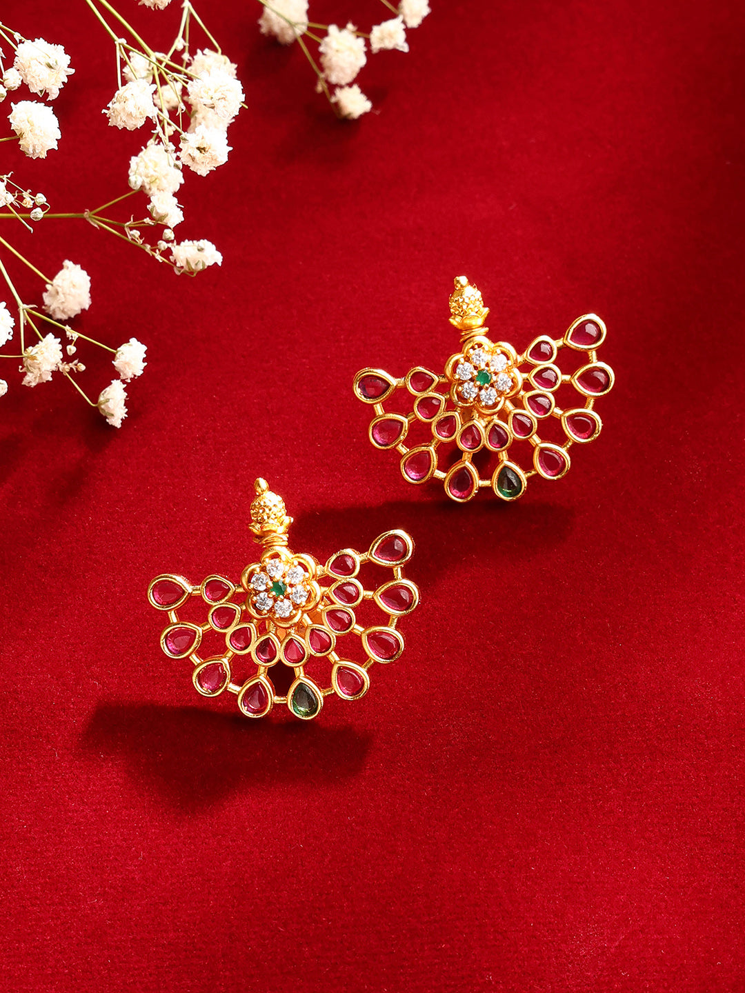 Ruby Elegance Floral Gold Plated Stud Pattern Earrings