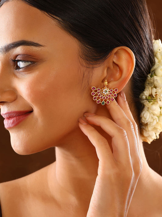 Ruby Elegance Floral Gold Plated Stud Pattern Earrings