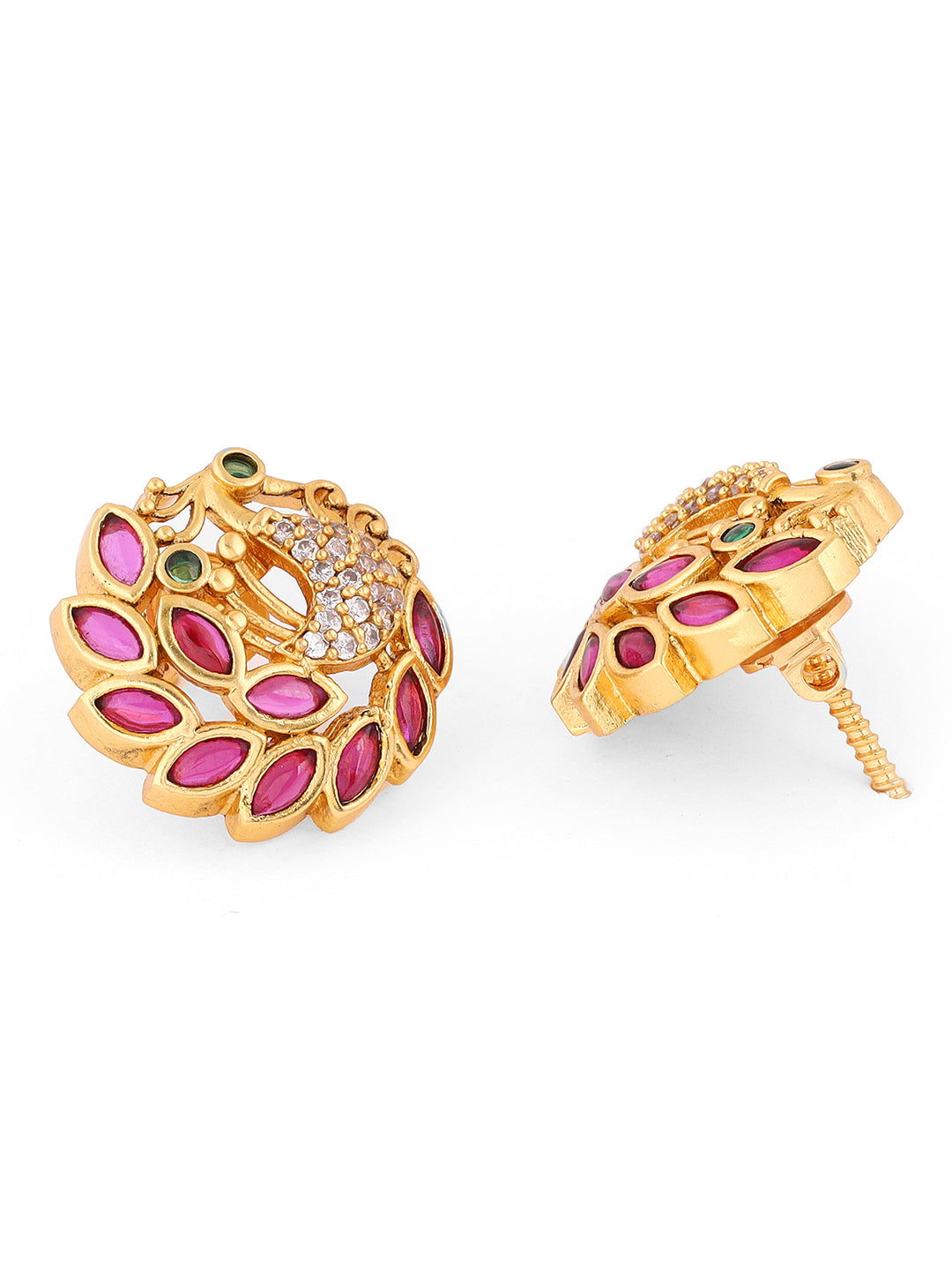 Exquisite Ruby Peacock Pattern Gold Plated Stud Earrings