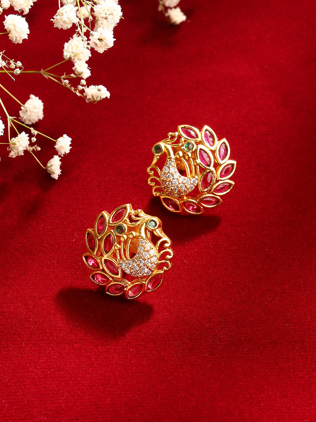 Exquisite Ruby Peacock Pattern Gold Plated Stud Earrings