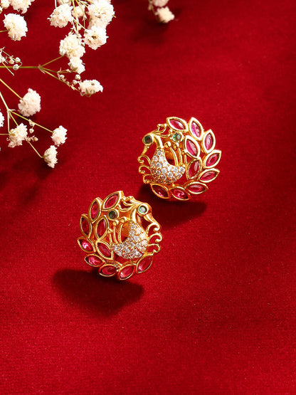 Exquisite Ruby Peacock Pattern Gold Plated Stud Earrings