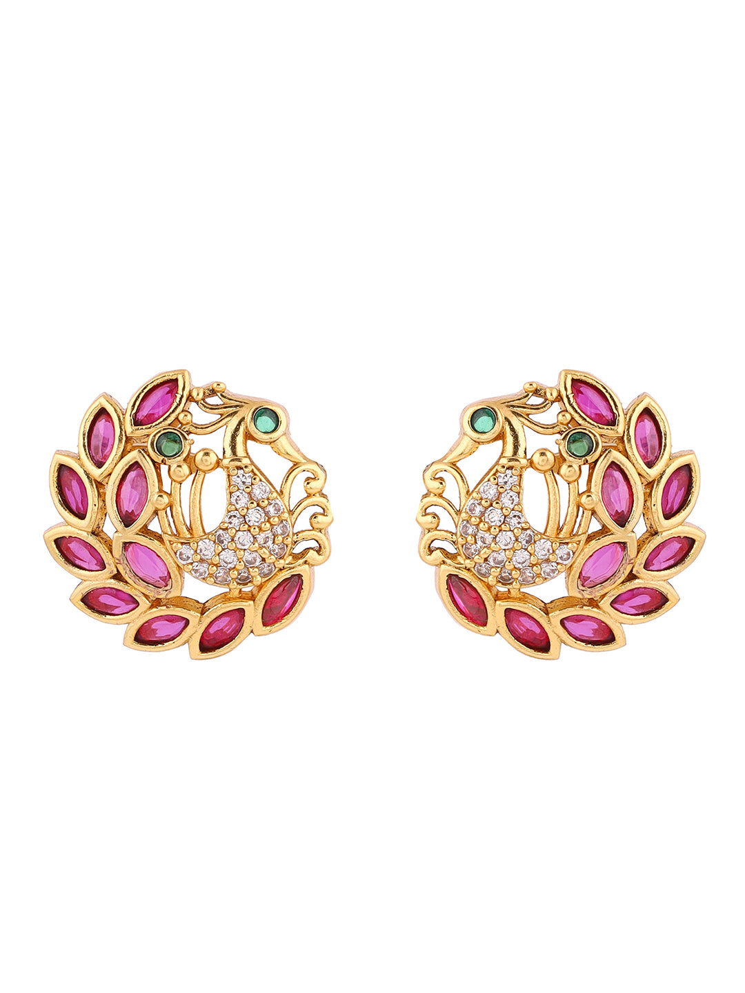 Exquisite Ruby Peacock Pattern Gold Plated Stud Earrings