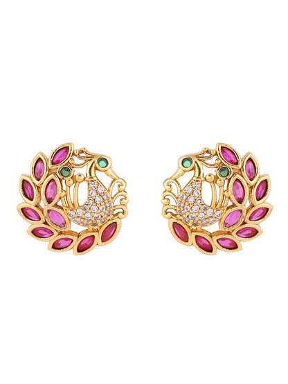 Exquisite Ruby Peacock Pattern Gold Plated Stud Earrings