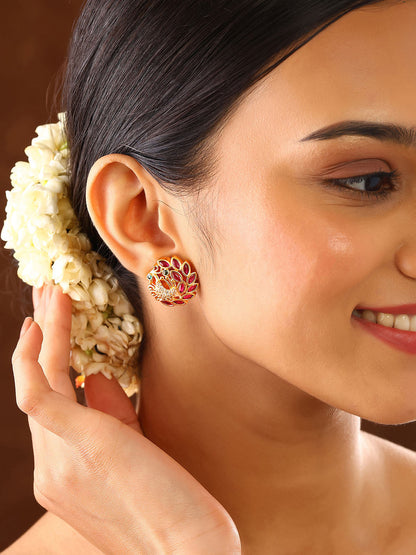 Exquisite Ruby Peacock Pattern Gold Plated Stud Earrings