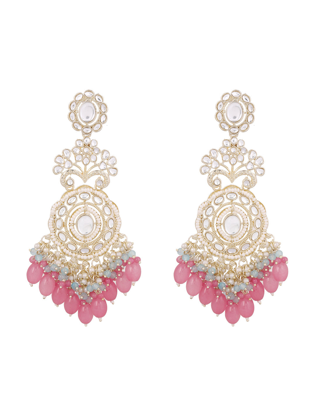 Blossom Elegance Pearl Kundan Combo Designed Pink Beads Drop Earrings