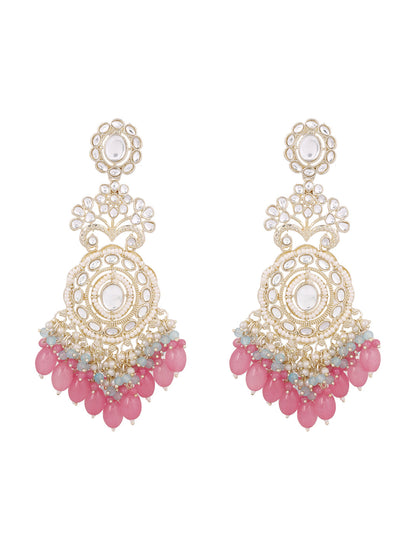 Blossom Elegance Pearl Kundan Combo Designed Pink Beads Drop Earrings