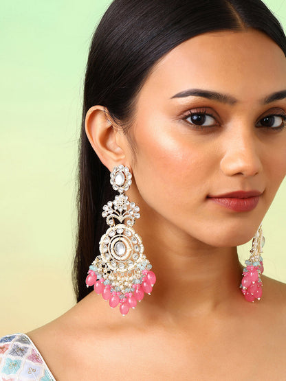 Blossom Elegance Pearl Kundan Combo Designed Pink Beads Drop Earrings