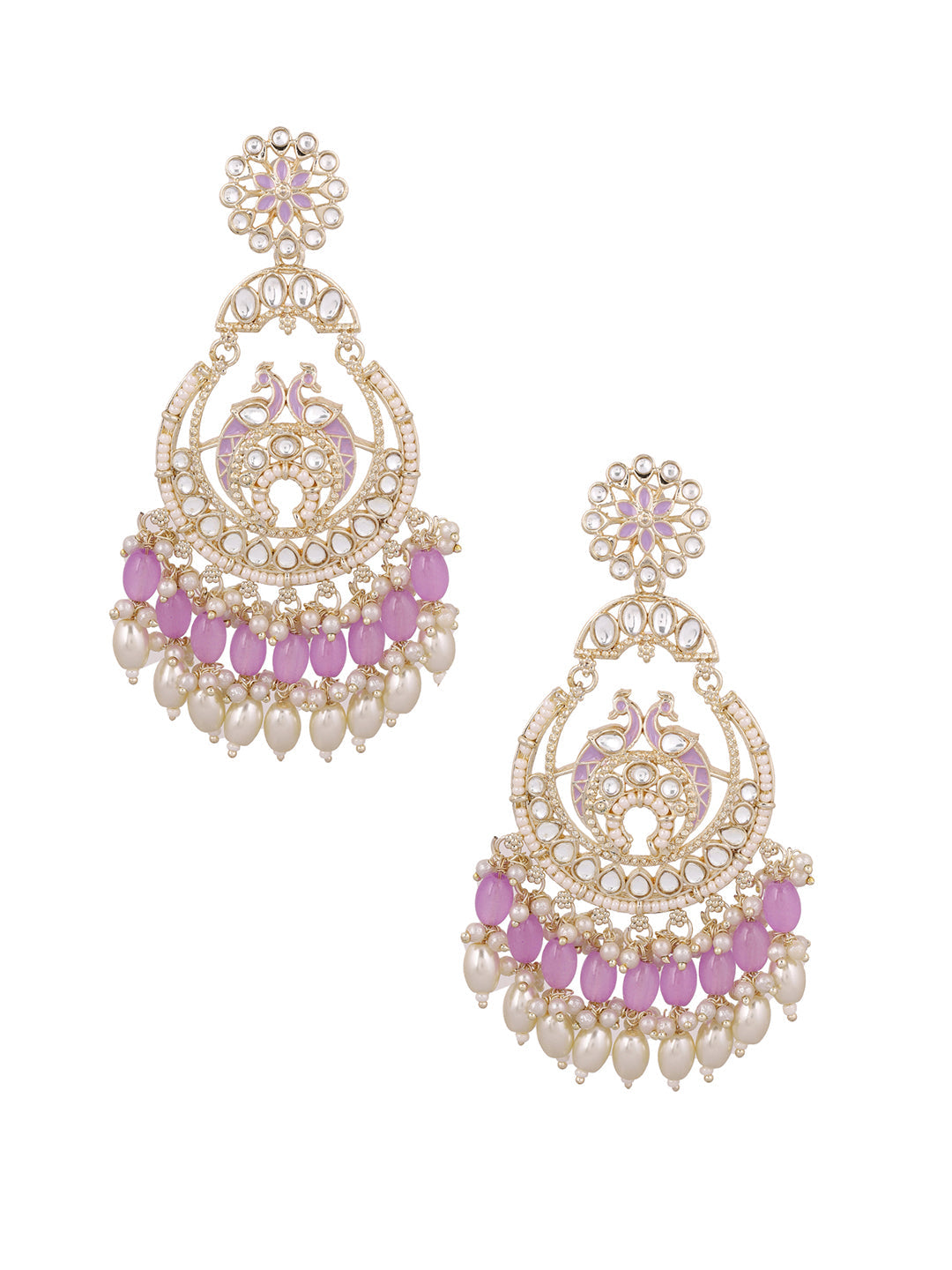 Blooming Flower Kundan Floral Lavender Gold Plated Chandbali Earrings