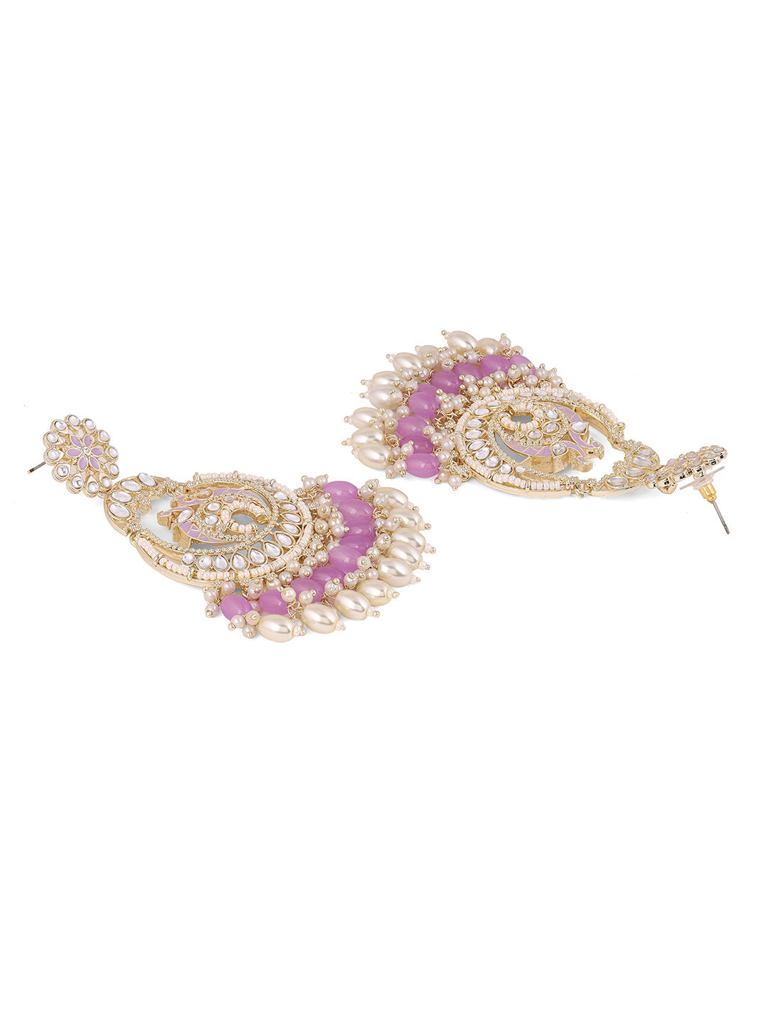 Blooming Flower Kundan Floral Lavender Gold Plated Chandbali Earrings