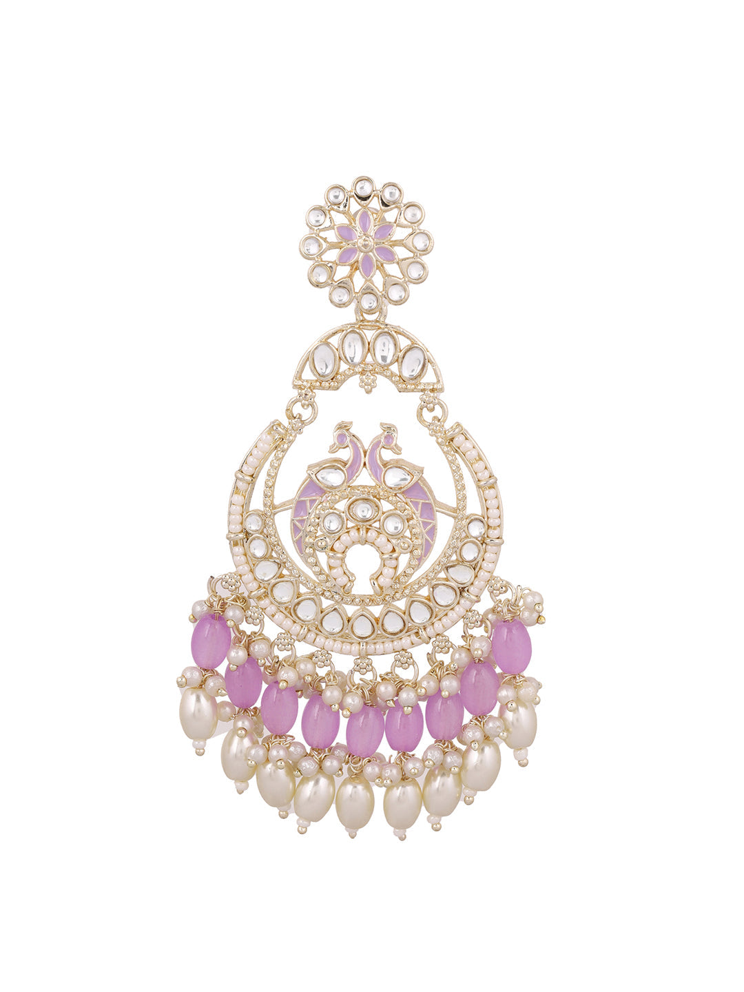 Blooming Flower Kundan Floral Lavender Gold Plated Chandbali Earrings