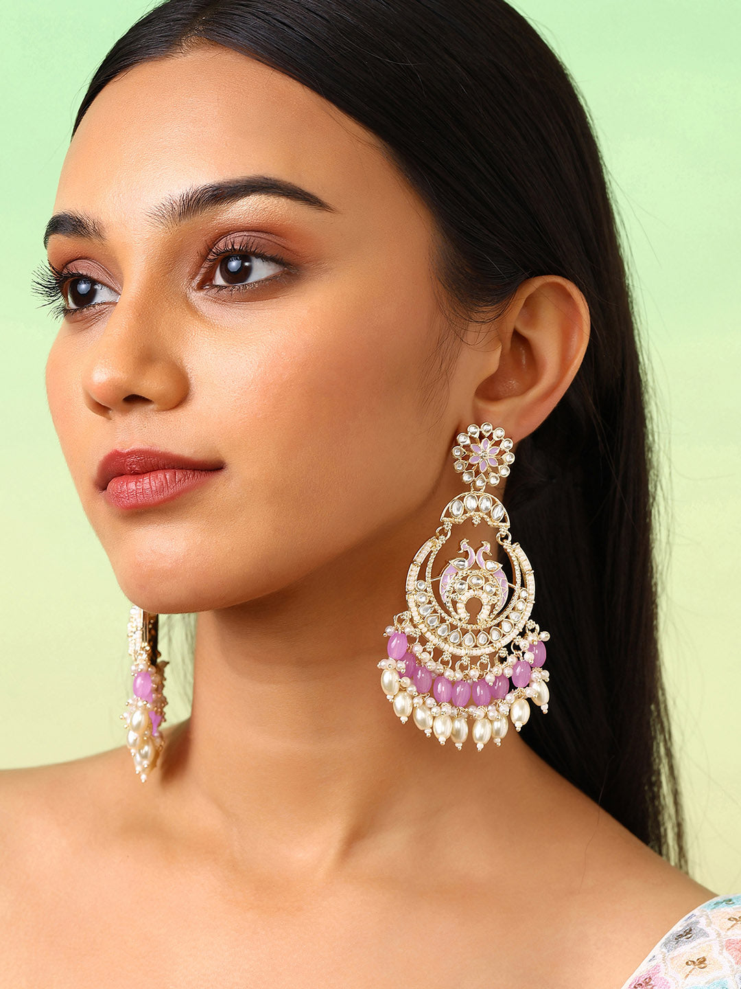 Blooming Flower Kundan Floral Lavender Gold Plated Chandbali Earrings