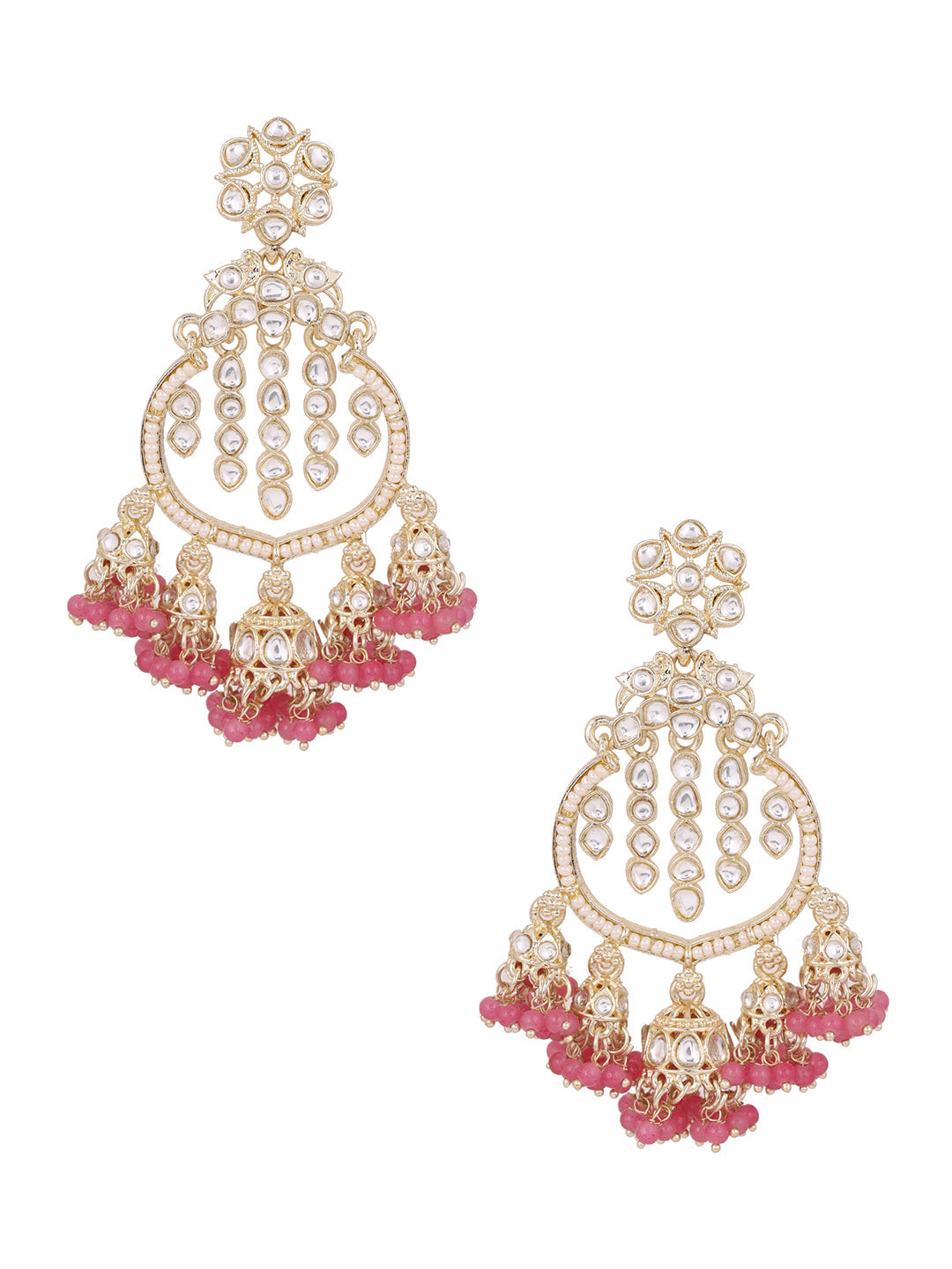 Pink Kundan Pearl Pattern MIni Jhumkis Gold Plated Chanbali Earrings