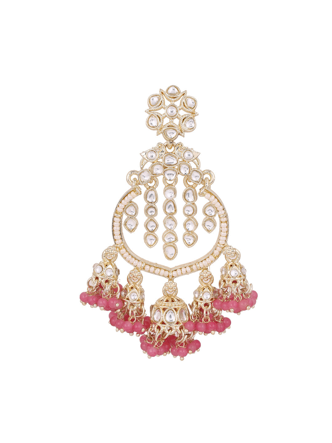 Pink Kundan Pearl Pattern MIni Jhumkis Gold Plated Chanbali Earrings
