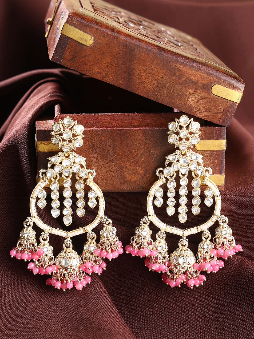 Pink Kundan Pearl Pattern MIni Jhumkis Gold Plated Chanbali Earrings
