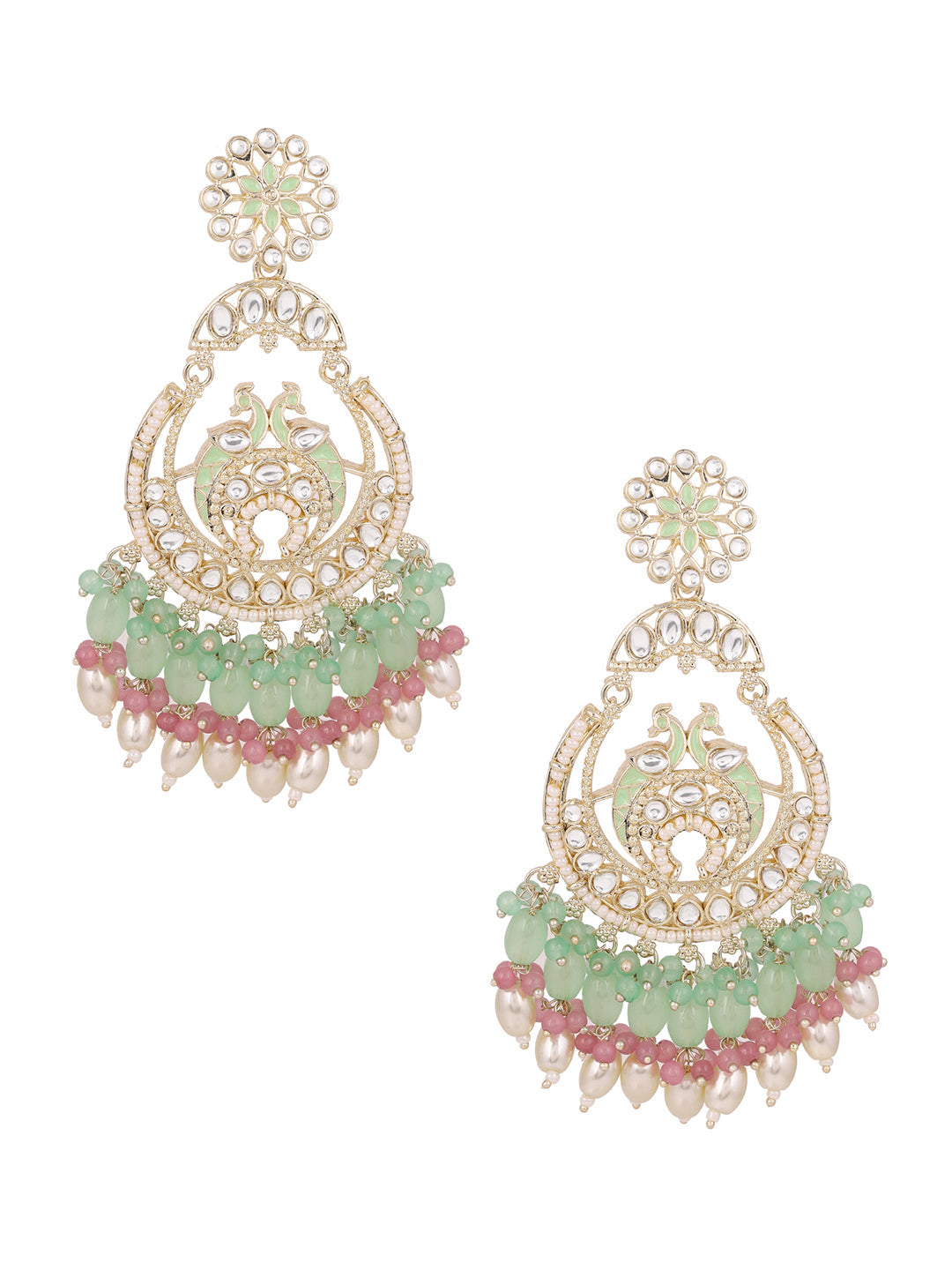 Multi-color Beads Twin Peacocks Kundan Elegance Gold Plated Chandbali Earrings