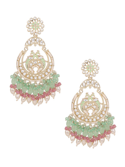 Multi-color Beads Twin Peacocks Kundan Elegance Gold Plated Chandbali Earrings