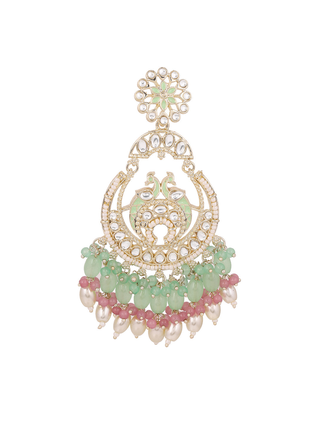 Multi-color Beads Twin Peacocks Kundan Elegance Gold Plated Chandbali Earrings
