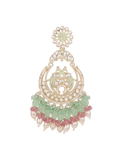 Multi-color Beads Twin Peacocks Kundan Elegance Gold Plated Chandbali Earrings