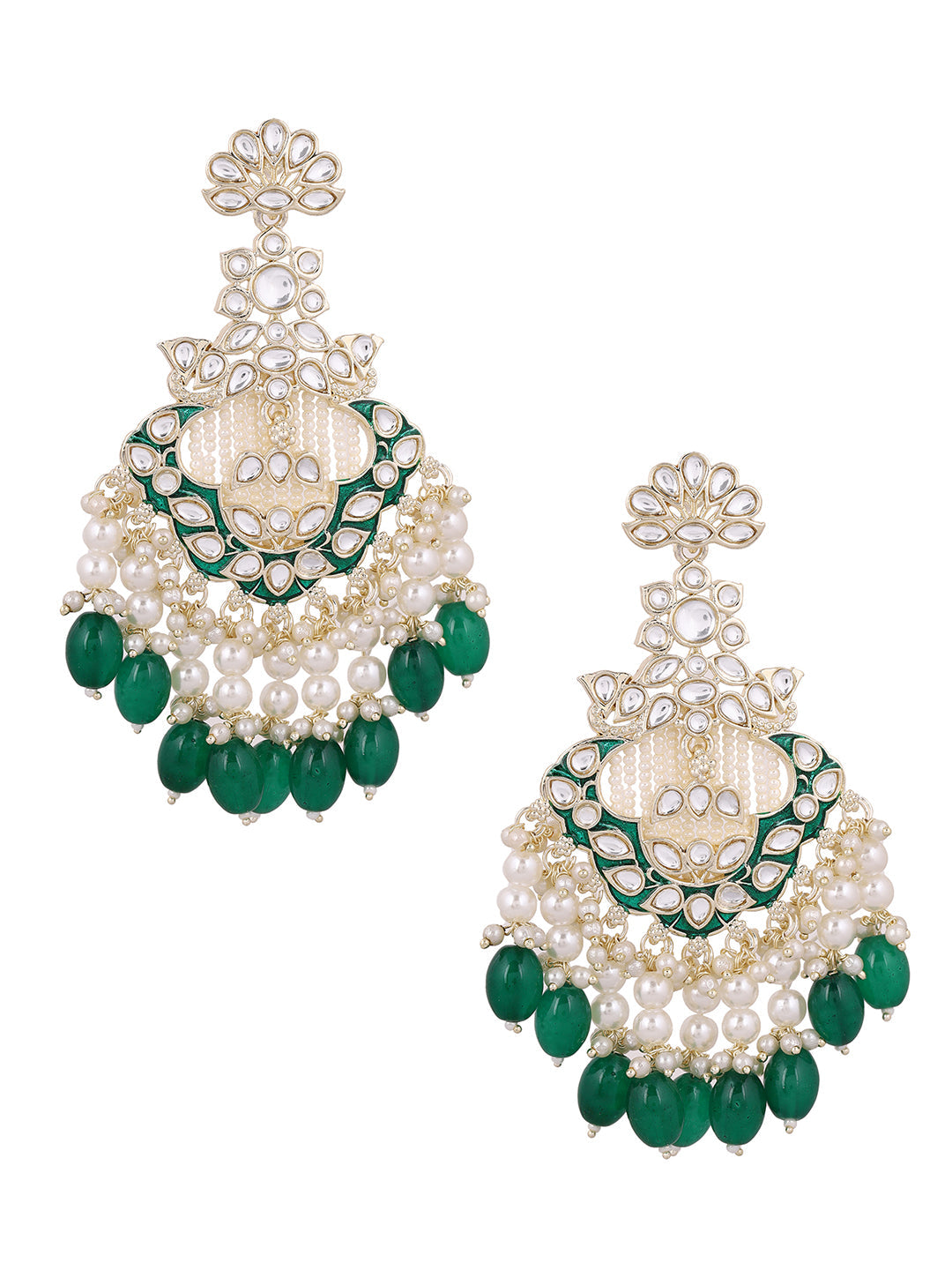 Kundan Pearl Elegance Green Beads Gold Plated Drop Earrings