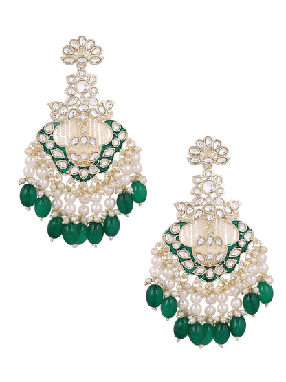Kundan Pearl Elegance Green Beads Gold Plated Drop Earrings