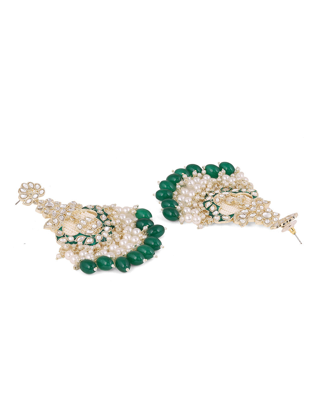 Kundan Pearl Elegance Green Beads Gold Plated Drop Earrings