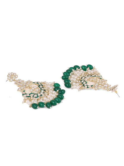 Kundan Pearl Elegance Green Beads Gold Plated Drop Earrings