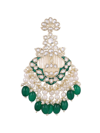 Kundan Pearl Elegance Green Beads Gold Plated Drop Earrings