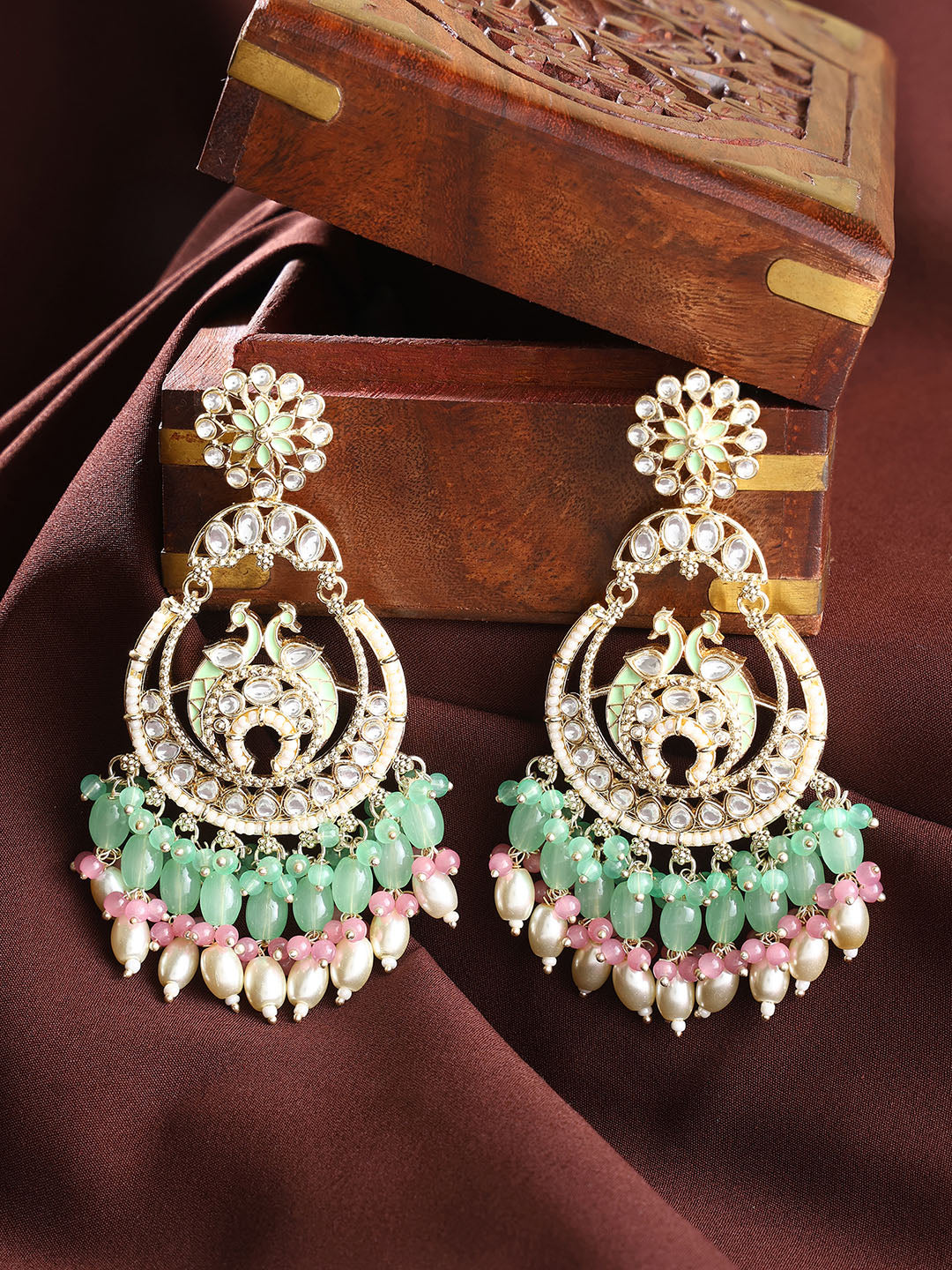 Multi-color Beads Twin Peacocks Kundan Elegance Gold Plated Chandbali Earrings