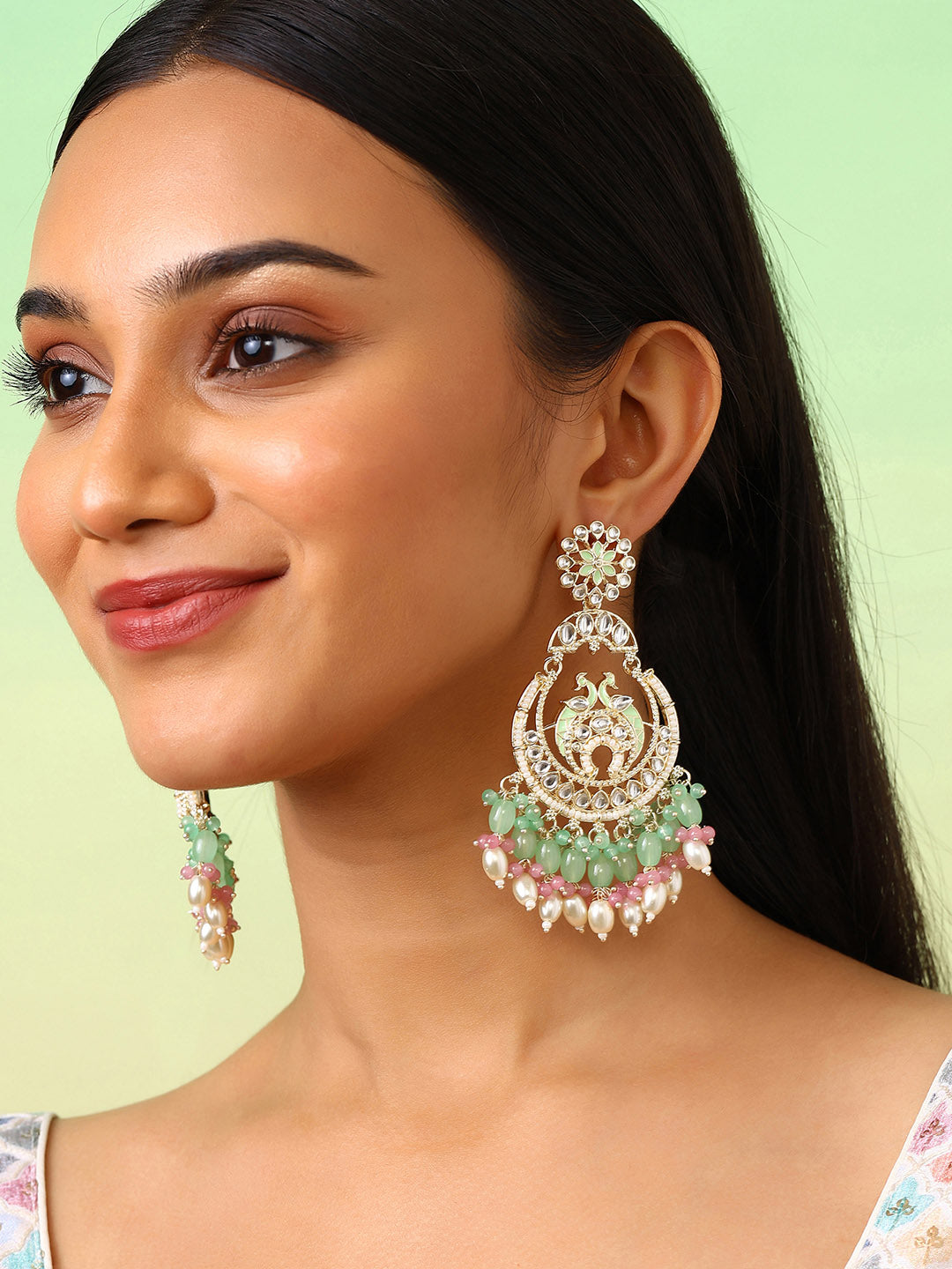 Multi-color Beads Twin Peacocks Kundan Elegance Gold Plated Chandbali Earrings