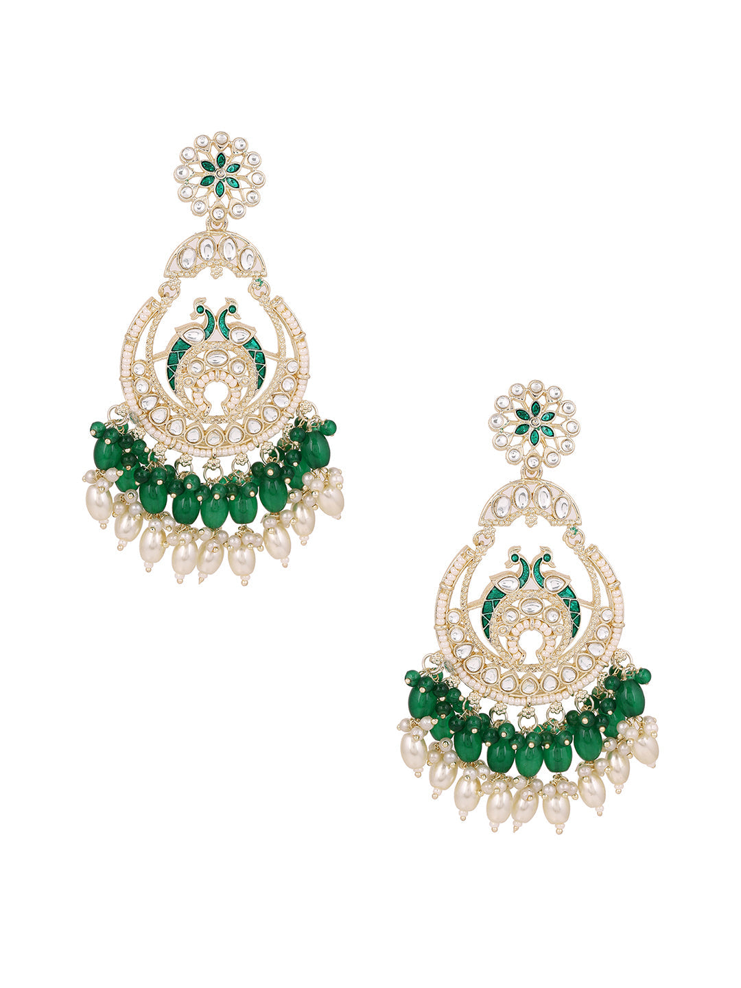 Green Twin Peacocks Meenakari Style Gold Plated Chandbali Earrings
