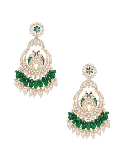 Green Twin Peacocks Meenakari Style Gold Plated Chandbali Earrings