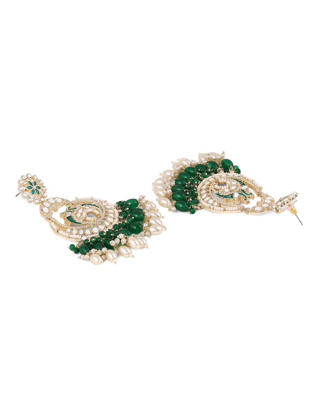 Green Twin Peacocks Meenakari Style Gold Plated Chandbali Earrings