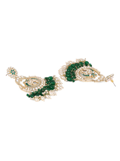 Green Twin Peacocks Meenakari Style Gold Plated Chandbali Earrings
