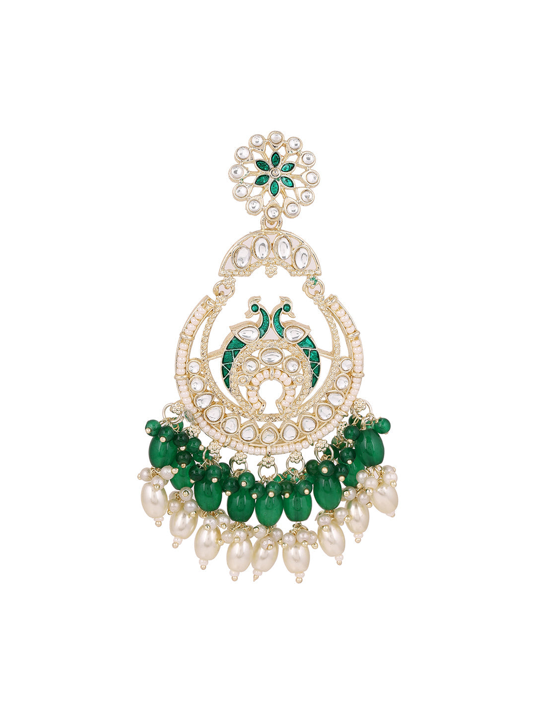 Green Twin Peacocks Meenakari Style Gold Plated Chandbali Earrings