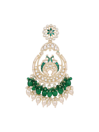 Green Twin Peacocks Meenakari Style Gold Plated Chandbali Earrings