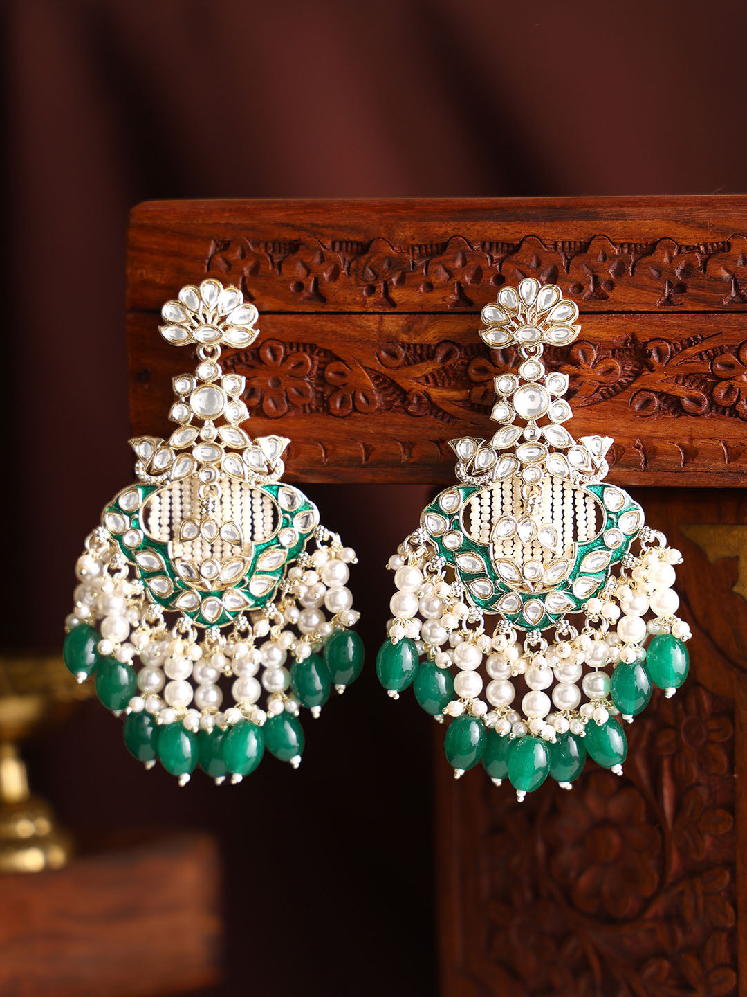 Kundan Pearl Elegance Green Beads Gold Plated Drop Earrings