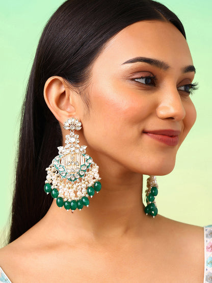 Kundan Pearl Elegance Green Beads Gold Plated Drop Earrings