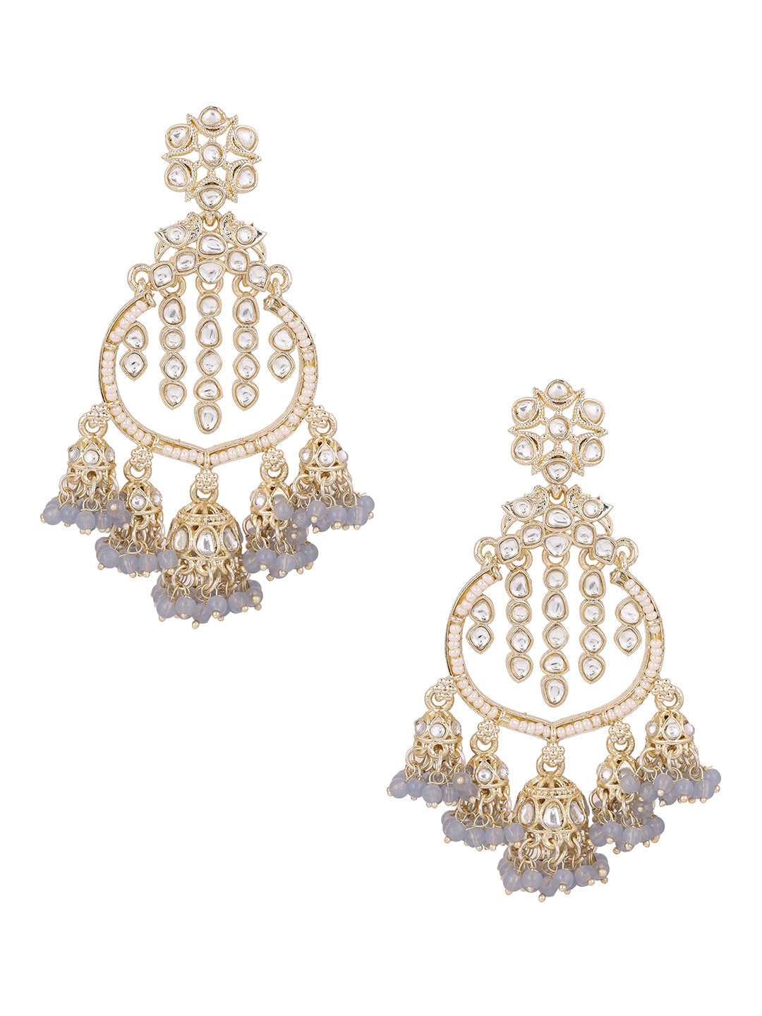 Grey Kundan Pearl Pattern MIni Jhumkis Gold Plated Chanbali Earrings
