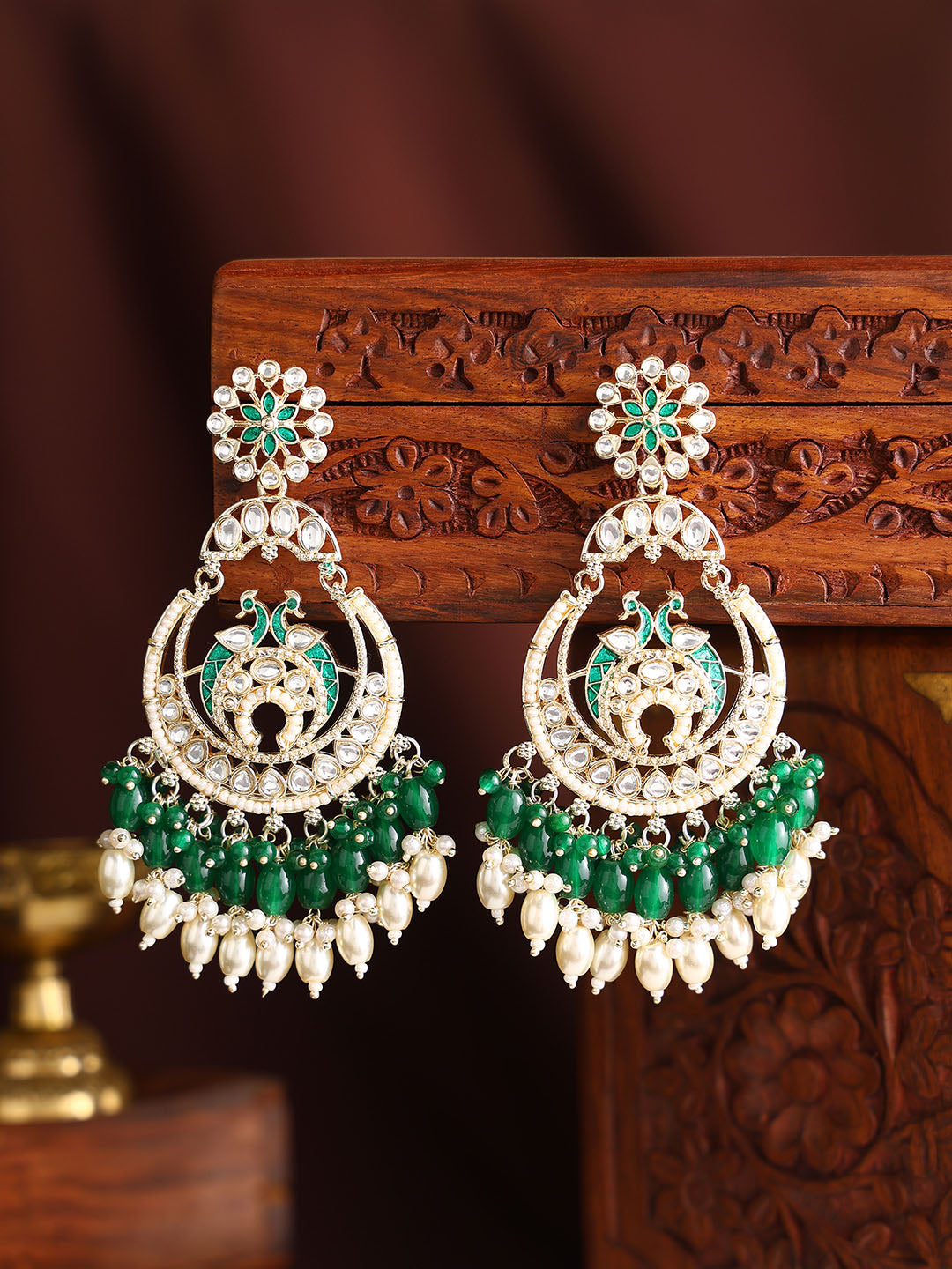 Green Twin Peacocks Meenakari Style Gold Plated Chandbali Earrings