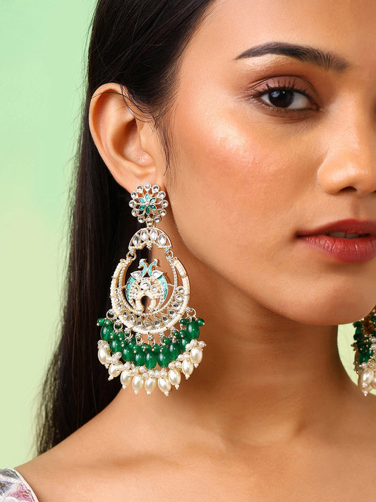 Green Twin Peacocks Meenakari Style Gold Plated Chandbali Earrings
