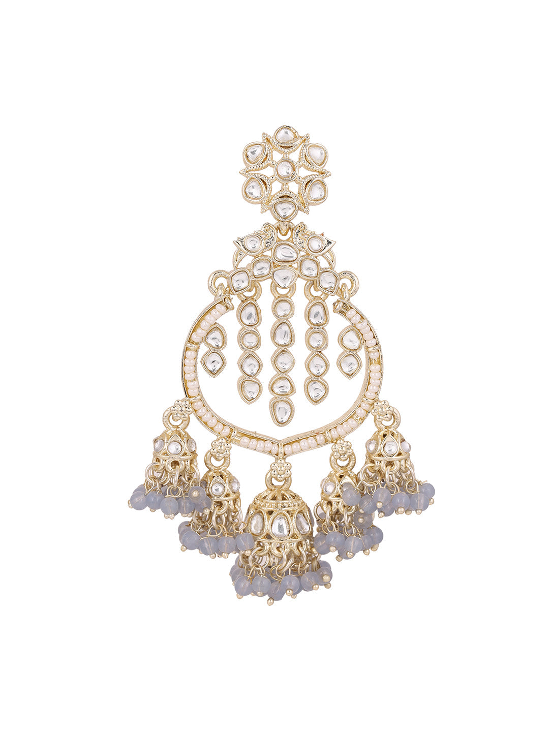Grey Kundan Pearl Pattern MIni Jhumkis Gold Plated Chanbali Earrings