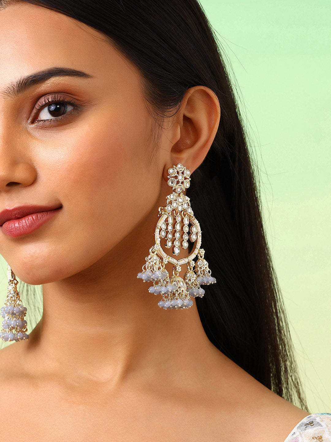 Grey Kundan Pearl Pattern MIni Jhumkis Gold Plated Chanbali Earrings