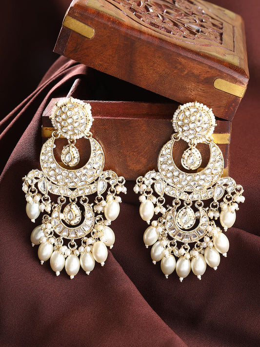Chand Pattern Kundan Pearl Gold Plated Eleagnt Chandbali Earrings