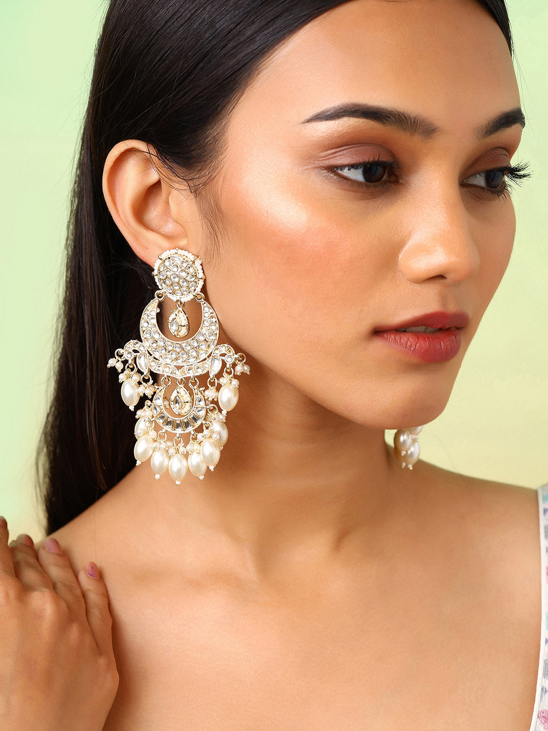 Chand Pattern Kundan Pearl Gold Plated Eleagnt Chandbali Earrings