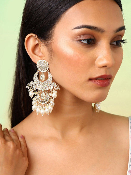 Chand Pattern Kundan Pearl Gold Plated Eleagnt Chandbali Earrings
