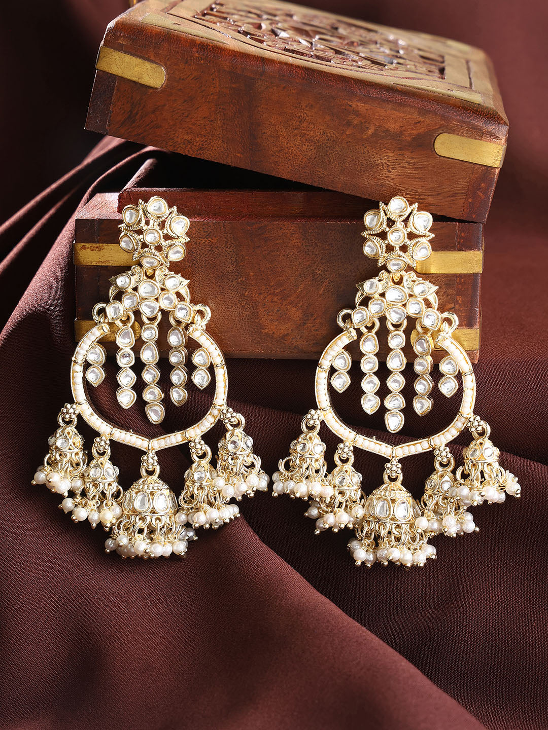 Pearl Kundan Elegance Gold Plated Mini Jhumkis Chandbali Style Earrings