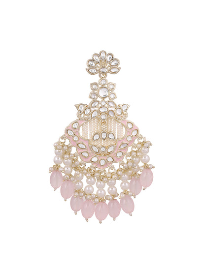 Floral Design Gold Plated Pink Beads Pearl Kundan Drop Earrings