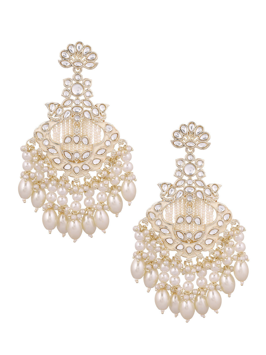 Blooming Floral Elegance Gold Plated Kundan Pearl Style Chandbali Earrings