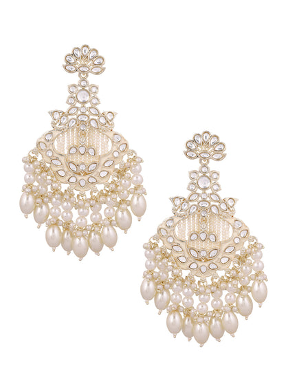 Blooming Floral Elegance Gold Plated Kundan Pearl Style Chandbali Earrings